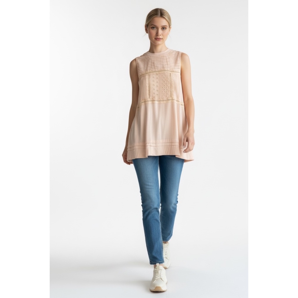 POL Peach Lace Trim Sleeveless Boho Top | Crew Neck  Relaxed Fit Blouse - Picture 5 of 7